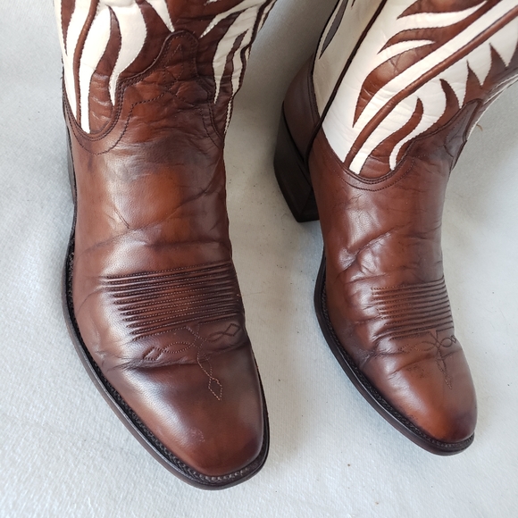 SOLD ❌Vintage Dan Post Western Boots Ivory Custom Shafts Brown Cognac Leather - Picture 10 of 16